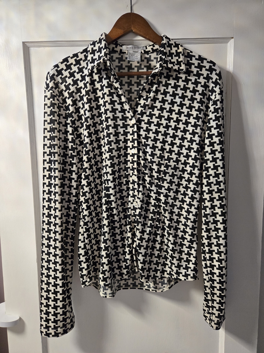 Nine West Black and White Geometric Button-Up Blouse